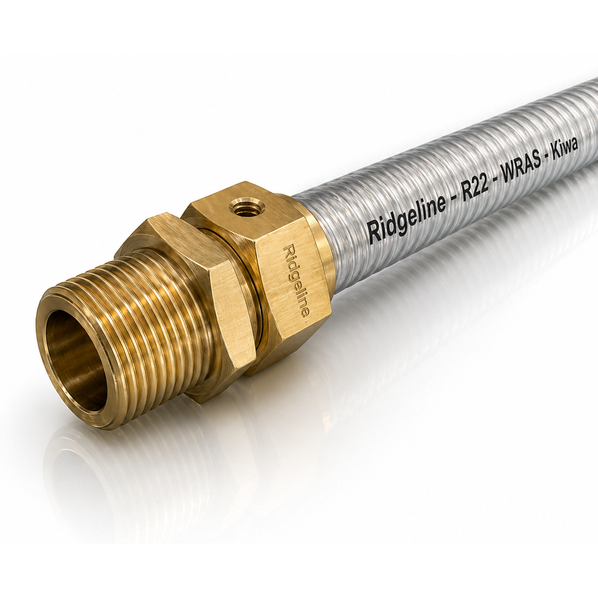 Ridgeline R-22 corrugated stainless steel tube with P1 brass fitting, showing the WRAS and Kiwa approval marks on the tube sleeve
