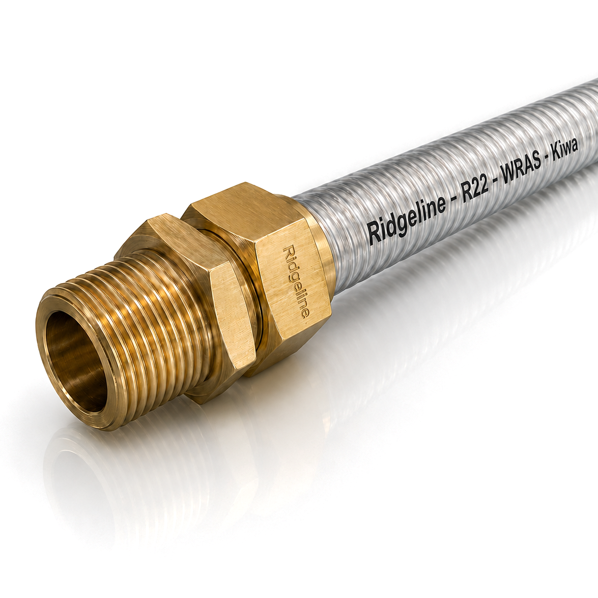 Ridgeline R-22 corrugated stainless steel tube with P1 brass fitting, showing the WRAS and Kiwa approval marks on the tube sleeve