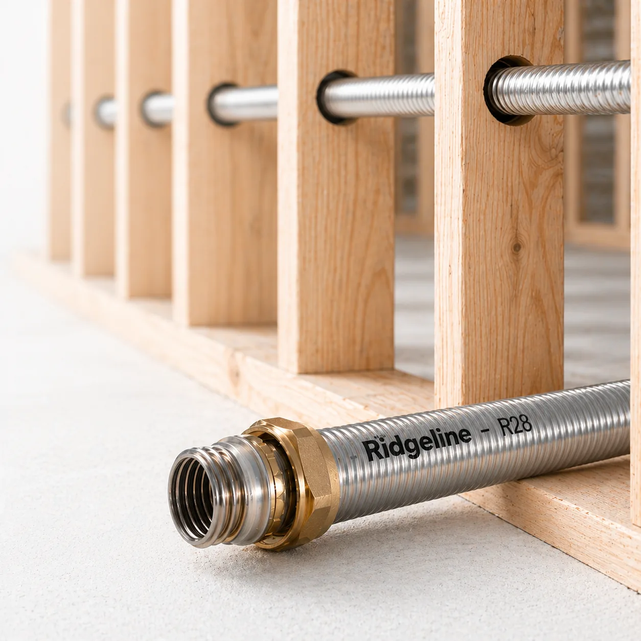 Ridgeline R28 corrugated stainless steel tube routed through wooden floor joists