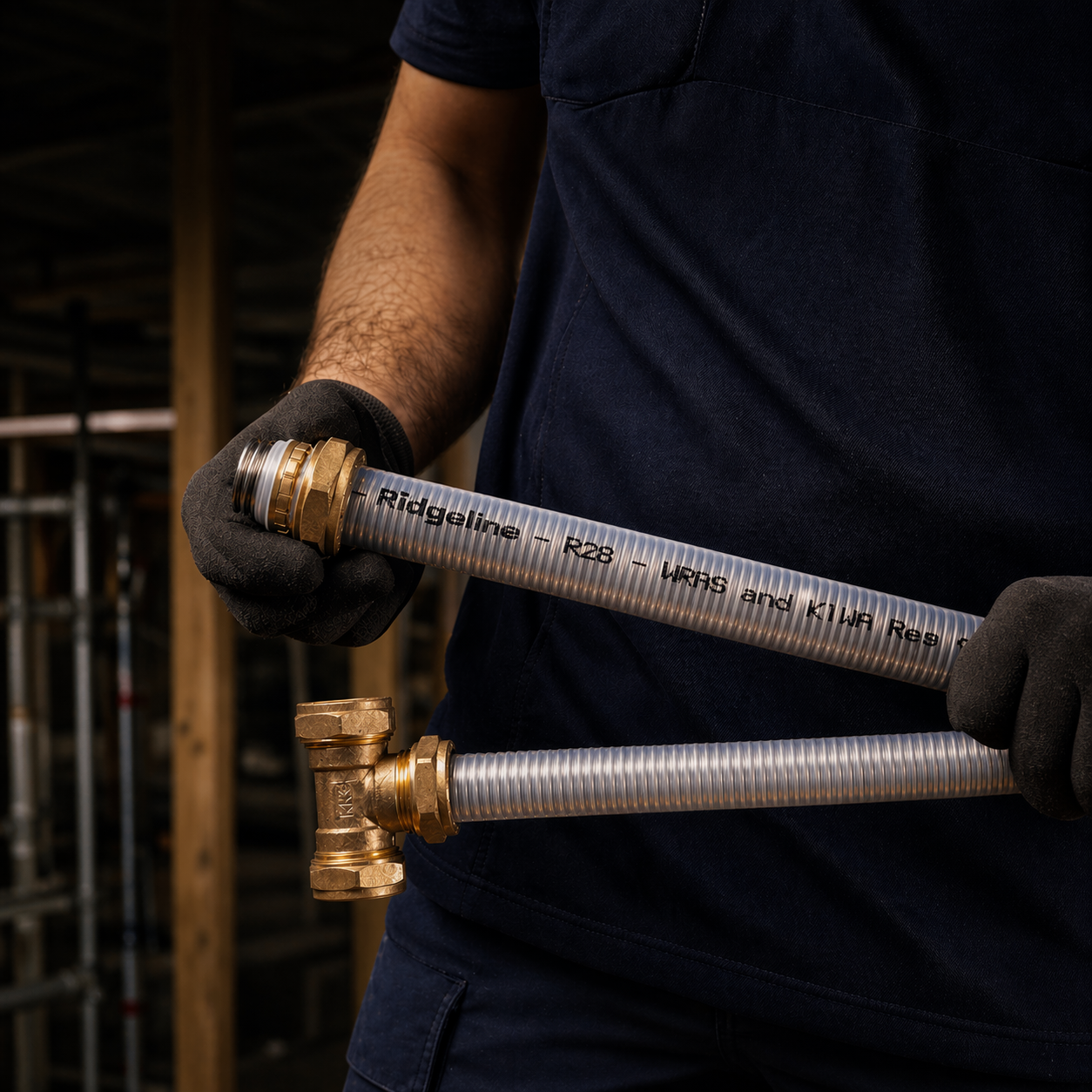 Installer holding a length of Ridgeline R-28 corrugated stainless steel tube on site, gloved hands