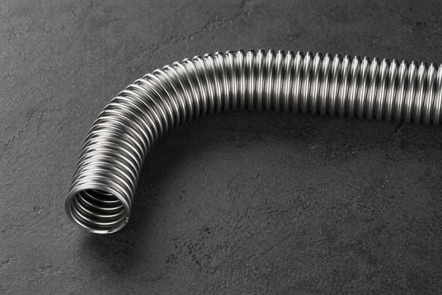 Editorial shot of Ridgeline corrugated stainless steel tube curving across dark stone surface