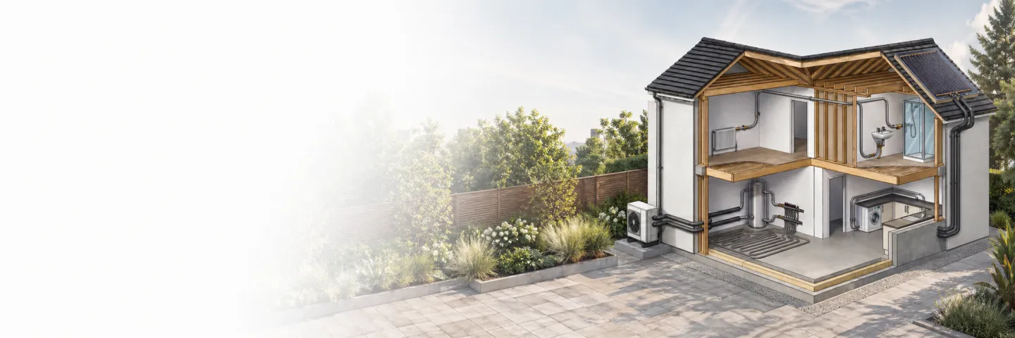 Cutaway of a UK home showing Ridgeline whole-home stainless steel water system, with garden and morning light