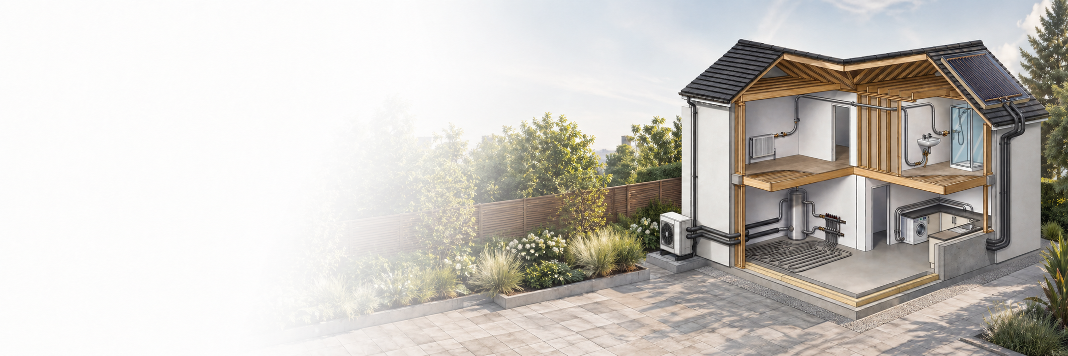 Cutaway of a UK home showing Ridgeline whole-home stainless steel water system, with garden and morning light