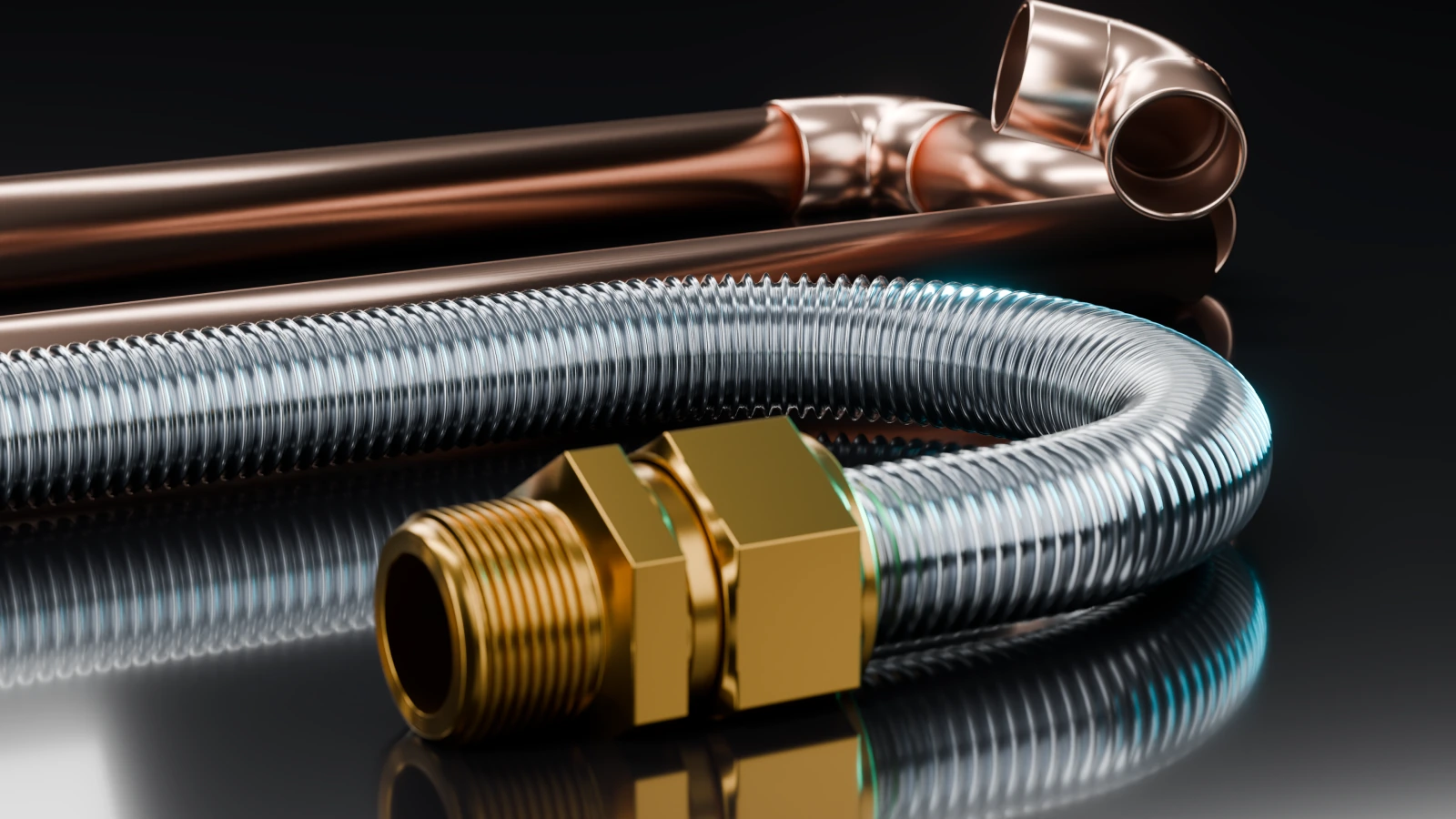 Continuous corrugated Ridgeline stainless steel tube and P1 fitting beside copper elbows