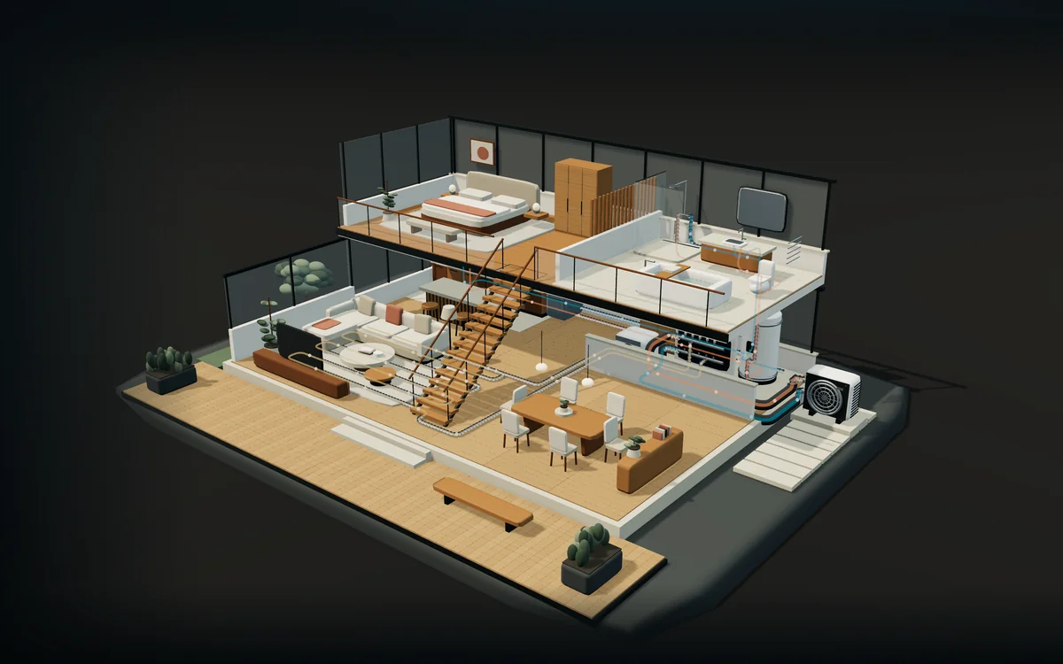 Furnished 3D house cutaway showing the routes between rooms