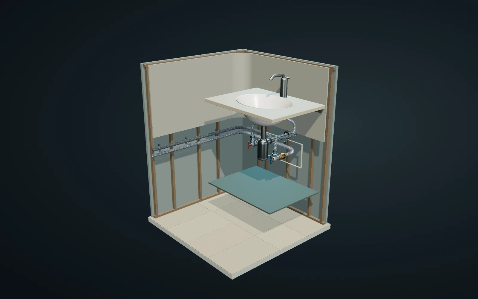 Ridgeline hot and cold pipes following a continuous route through the wall to a basin