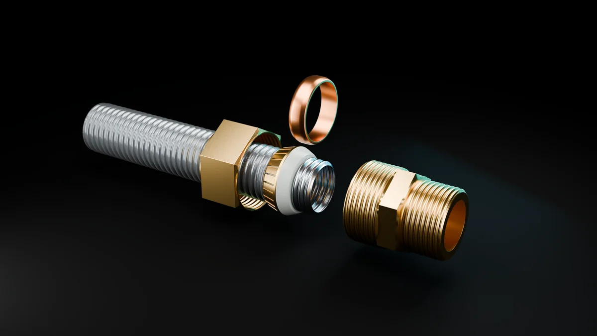 Compression fitting parts, supplied copper olive and complete RidgeLock sealing ring